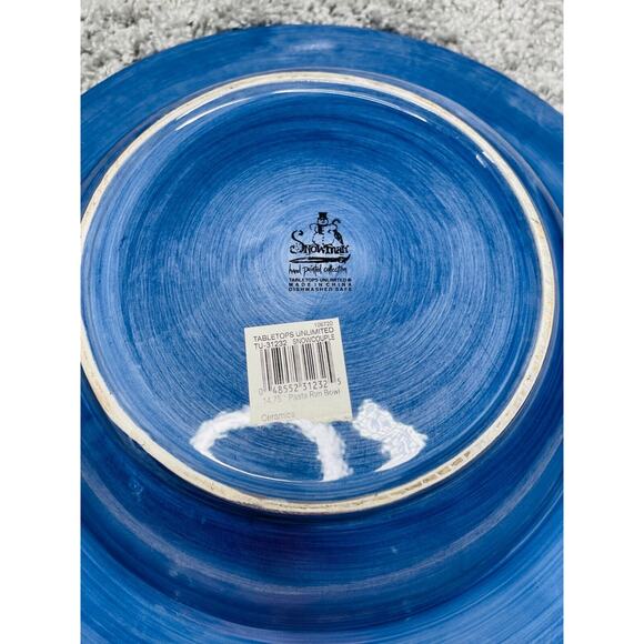 Tabletops Blue Hand Painted Snow Couple Pasta Rim Ceramic Plate 14.75" Limited - Picture 7 of 8